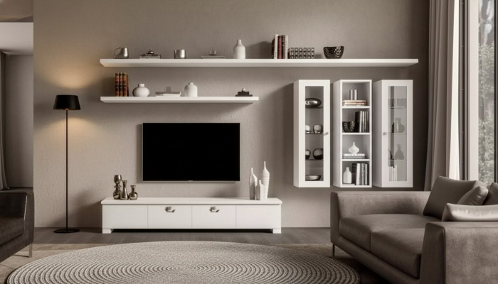 Salle de séjour Meuble bas Unité murale Bois Armoire Design Blanc Moderne Ensemble 6 pièces.