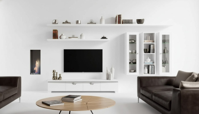 Salle de séjour Meuble bas Unité murale Bois Armoire Design Blanc Moderne Ensemble 6 pièces.