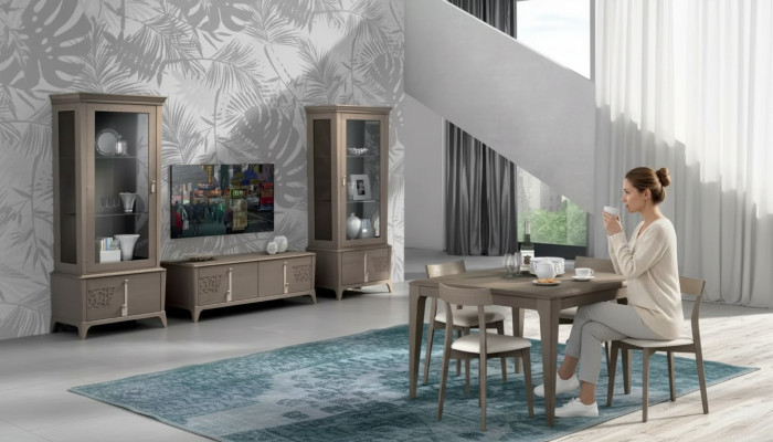 Ensemble mural TV classique Bas de meuble de salon Vitrine Buffet Gris 3 pièces.