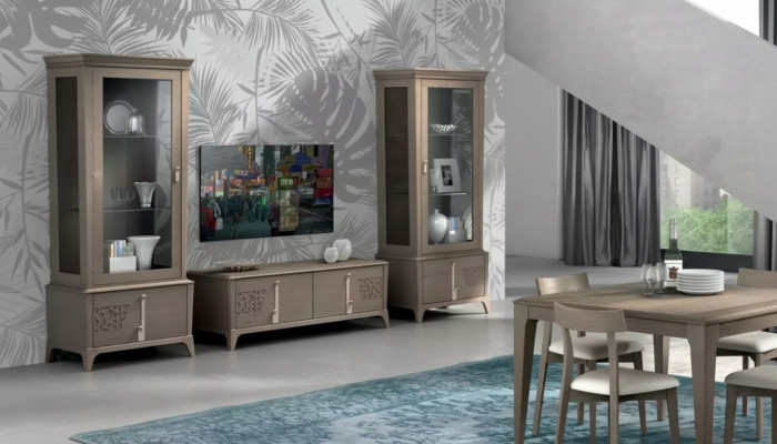 Ensemble mural TV classique Bas de meuble de salon Vitrine Buffet Gris 3 pièces.