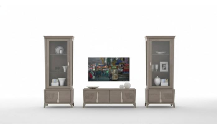 Ensemble mural TV classique Bas de meuble de salon Vitrine Buffet Gris 3 pièces.