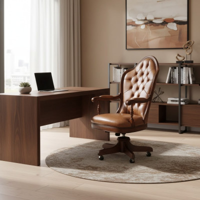 Chaise de bureau Chef en bois Fauteuil Chesterfield Italie Mobilier Marron Pivotant neuf