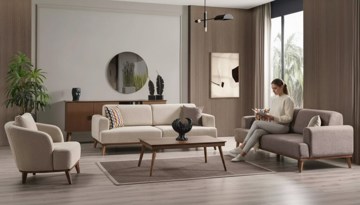Ensemble de meubles pour salon 331 canapé 3 places fauteuil groupe de 4 pièces beige neuf