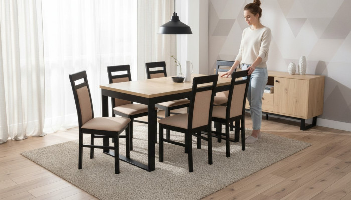 Table à manger moderne Ensemble de salle à manger en bois 6 chaises Set 7 pièces. ensemble