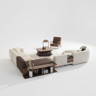 Salon Ensemble Canapé d'angle Forme U neuf Fauteuil de luxe en bois Table basse Tabouret