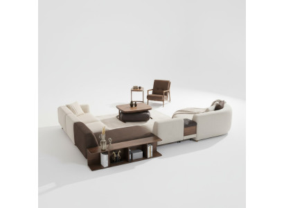 Salon Ensemble Canapé d'angle Forme U neuf Fauteuil de luxe en bois Table basse Tabouret