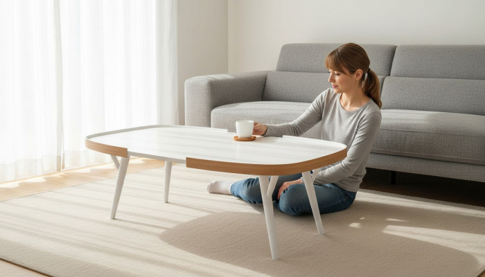 Table basse en bois blanc pour salon, design moderne, ameublement.