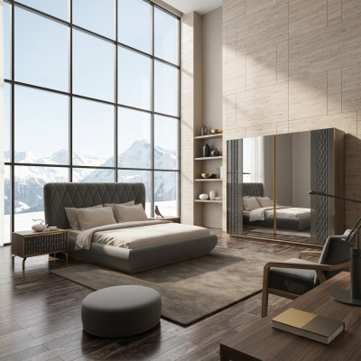 Ensemble complet Lit Double de Luxe 2x Tables de Chevet Armoire de Design Armoire