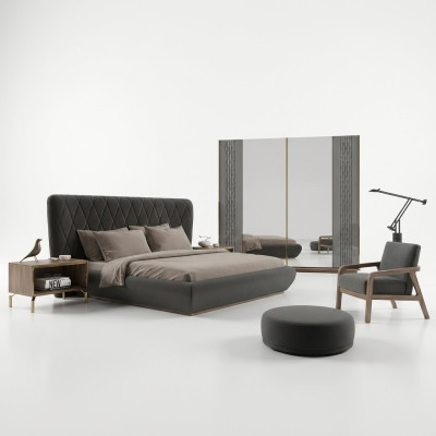 Ensemble complet Lit Double de Luxe 2x Tables de Chevet Armoire de Design Armoire