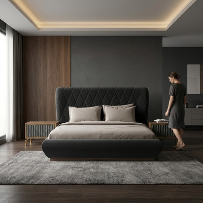 Chambre ensemble de luxe 3 pièces design lit double bois 2x tables de chevet complètes