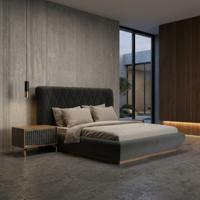 Chambre ensemble de luxe 3 pièces design lit double bois 2x tables de chevet complètes