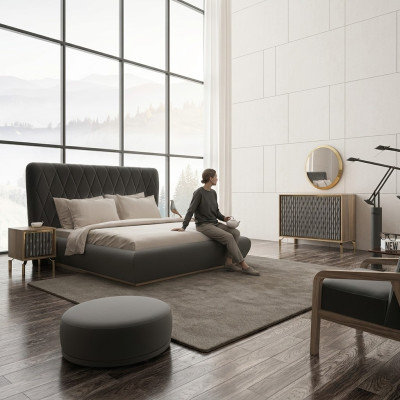 Conception complète de la chambre à coucher Lit en bois 2x Tables de chevet Commode avec miroir