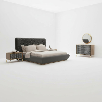 Conception complète de la chambre à coucher Lit en bois 2x Tables de chevet Commode avec miroir
