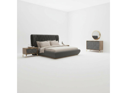 Conception complète de la chambre à coucher Lit en bois 2x Tables de chevet Commode avec miroir