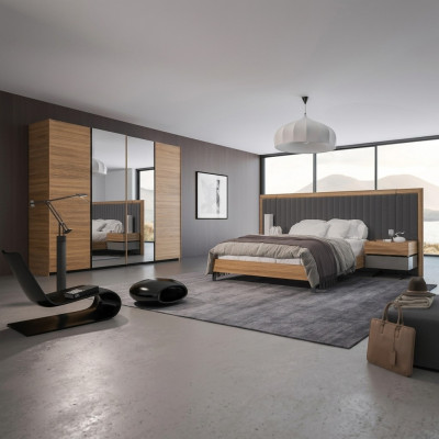 Ensemble de chambre à coucher 3 pièces Lit double Moderne 2x Tables de chevet Design en bois Complet