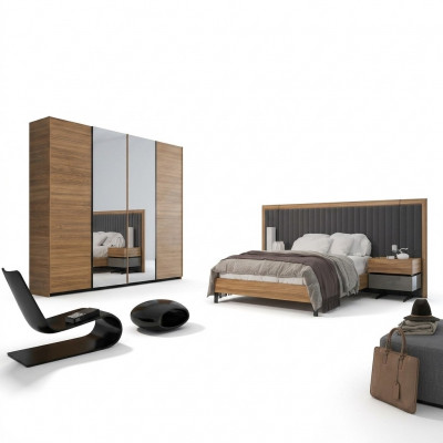 Ensemble de chambre à coucher 3 pièces Lit double Moderne 2x Tables de chevet Design en bois Complet