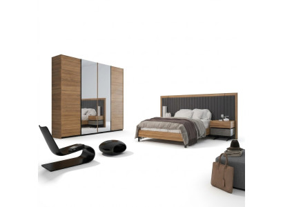 Ensemble de chambre à coucher 3 pièces Lit double Moderne 2x Tables de chevet Design en bois Complet