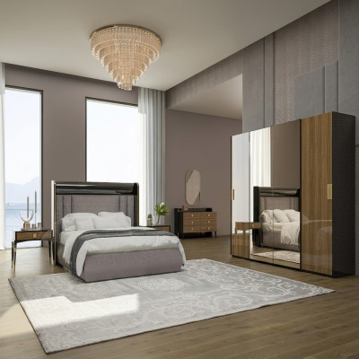Luxueux ensemble de 6 pièces chambre à coucher lit double avec commode et miroir 2 tables de chevet