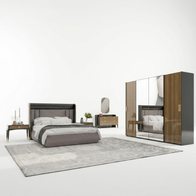 Luxueux ensemble de 6 pièces chambre à coucher lit double avec commode et miroir 2 tables de chevet