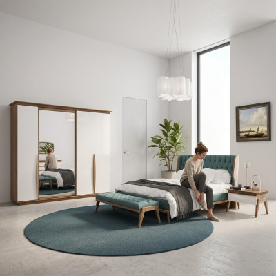 Chambre complète Lit 2x Tables de chevet Armoire moderne Tabouret neuf