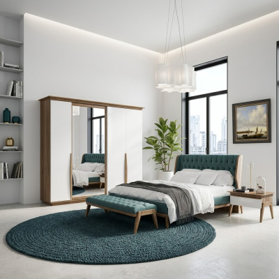 Chambre complète Lit 2x Tables de chevet Armoire moderne Tabouret neuf