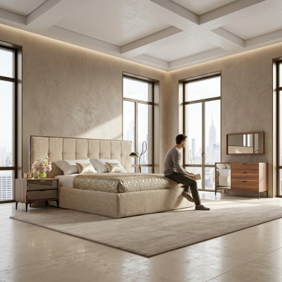 Ensemble de chambre à coucher de luxe en 5 pièces avec lit double et 2 tables de chevet modernes.