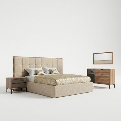 Ensemble de chambre à coucher de luxe en 5 pièces avec lit double et 2 tables de chevet modernes.