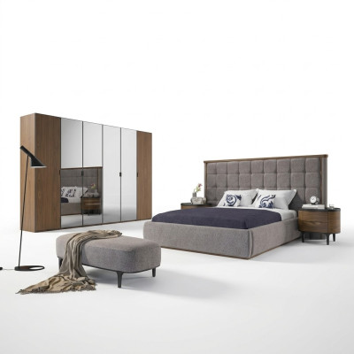 Chambre Luxe Ensemble 4 pièces Lit 2x Tables de chevet Tabouret de design Mobilier moderne