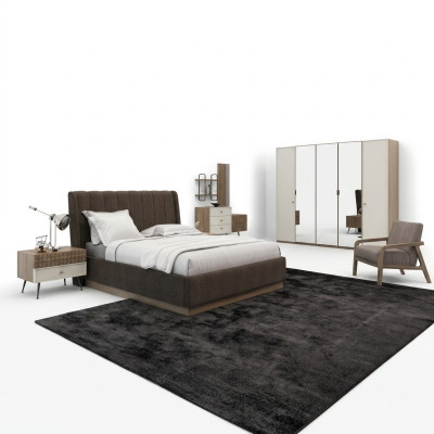 Chambre de luxe avec lit double, 2 tables de chevet en bois, ensemble complet de 6 pièces de style moderne.