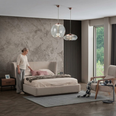 Ensemble de chambre à coucher moderne en beige avec lit double 2 tables de chevet Mobilier de luxe neuf