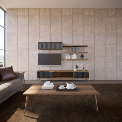 Ensemble de mur complet, armoire murale, meubles en bois, ensemble moderne de 5 pièces avec 3 étagères murales neuves.