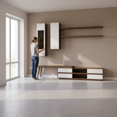 Ensemble de 5 pièces d'unité murale en bois avec meuble TV bas + table basse moderne 2 étagères murales