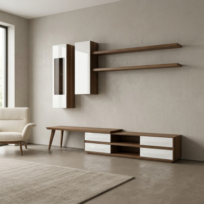 Ensemble de 5 pièces d'unité murale en bois avec meuble TV bas + table basse moderne 2 étagères murales