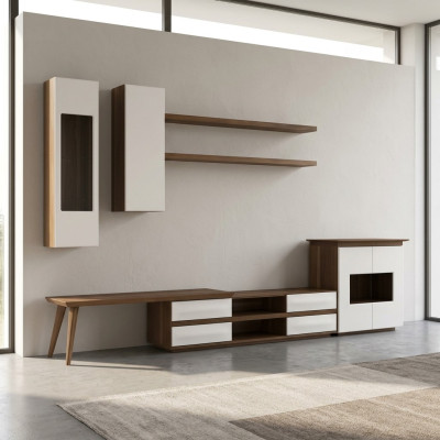 Ensemble complet de salon 7 pièces - meuble TV bas + table basse en bois Vitrine moderne