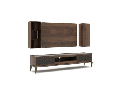 Ensemble de salon en bois comprenant 4 pièces : meuble TV bas, étagères, unité murale et cadre TV neuf.