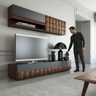 Salon Complet Meuble bas TV 4 pièces Ensemble mural Mobilier en bois Étagère murale Meuble mural