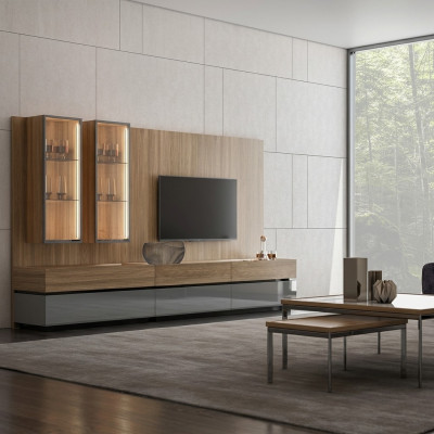 Ensemble mural complet de luxe en brun, ensemble de meubles design, pièces d'ameublement, meuble TV bas moderne