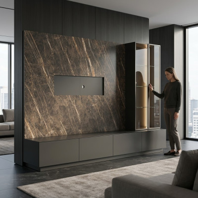 Unité murale de designer 6 pièces mobilier de luxe en bois Mobilier de salon Gris Moderne