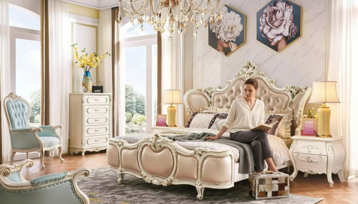 Ensemble de chambre à coucher de meubles classiques : Lit double 2x tables de chevet Commode Ensemble de luxe 4 pièces