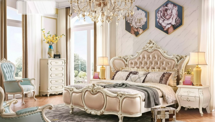 Ensemble de chambre à coucher de meubles classiques : Lit double 2x tables de chevet Commode Ensemble de luxe 4 pièces