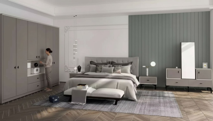 Chambre À Coucher Grise Ensemble Lit Designer Commode Armoire De Luxe 5pcs