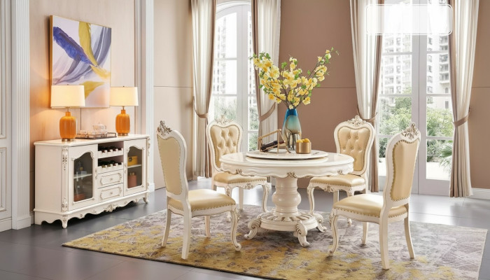 Ensemble de salle à manger Table ronde 4x chaises Ensemble de luxe Chesterfield