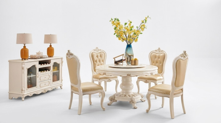 Ensemble de salle à manger Table ronde 4x chaises Ensemble de luxe Chesterfield
