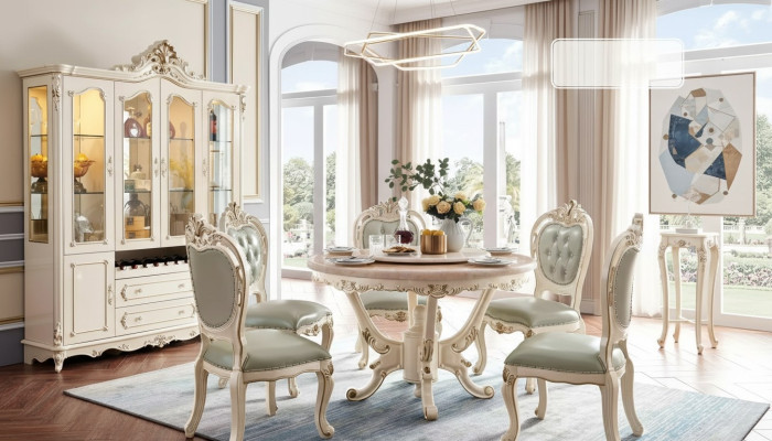 Ensemble de salle à manger blanc nacré Table à manger 6x chaises Vitrine Ensemble de luxe 8 pièces