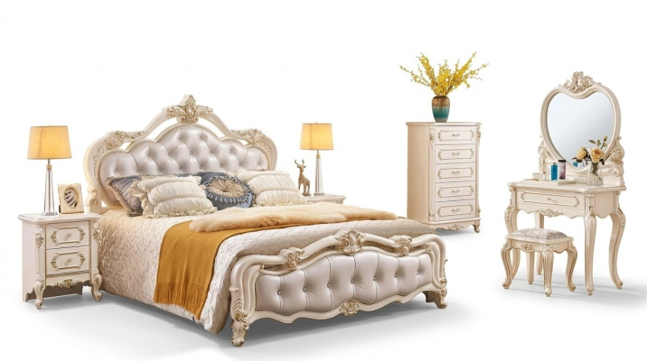 Ensemble chambre à coucher Lit 2x Tables de chevet Coiffeuse Tabouret Commode 6pcs De luxe