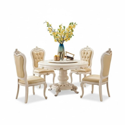 Ensemble de salle à manger classique en beige clair comprenant une table à manger ronde de luxe et 4 chaises Chesterfield, pour un total de 5 pièces.