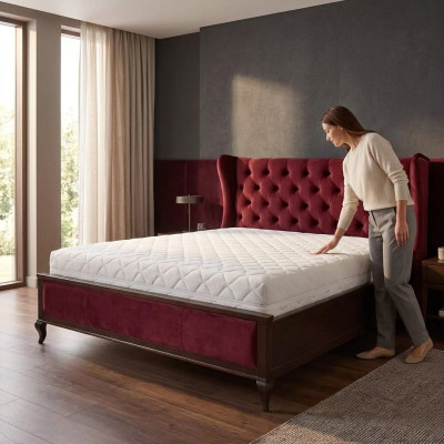 Lits de style Chesterfield classique de luxe Lit double en bois Mobilier en velours rouge