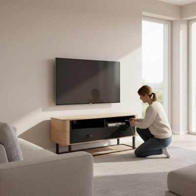 Meuble TV moderne de luxe, support TV, meuble TV, étagères, buffet, table basse.