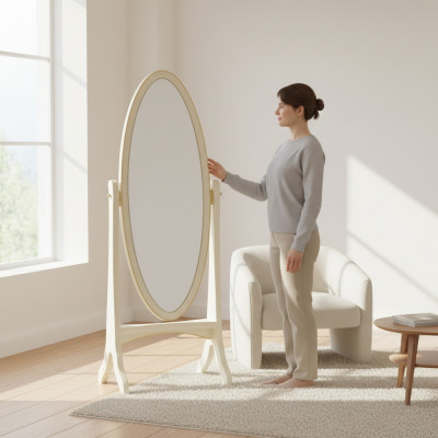 Miroir de sol rectangulaire avec cadre en bois ovale blanc pour salon