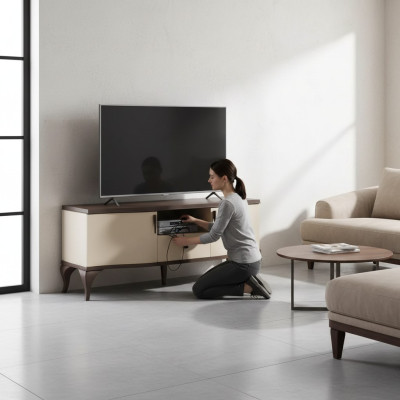 Meuble TV bas pour le salon beige en bois Style moderne buffet